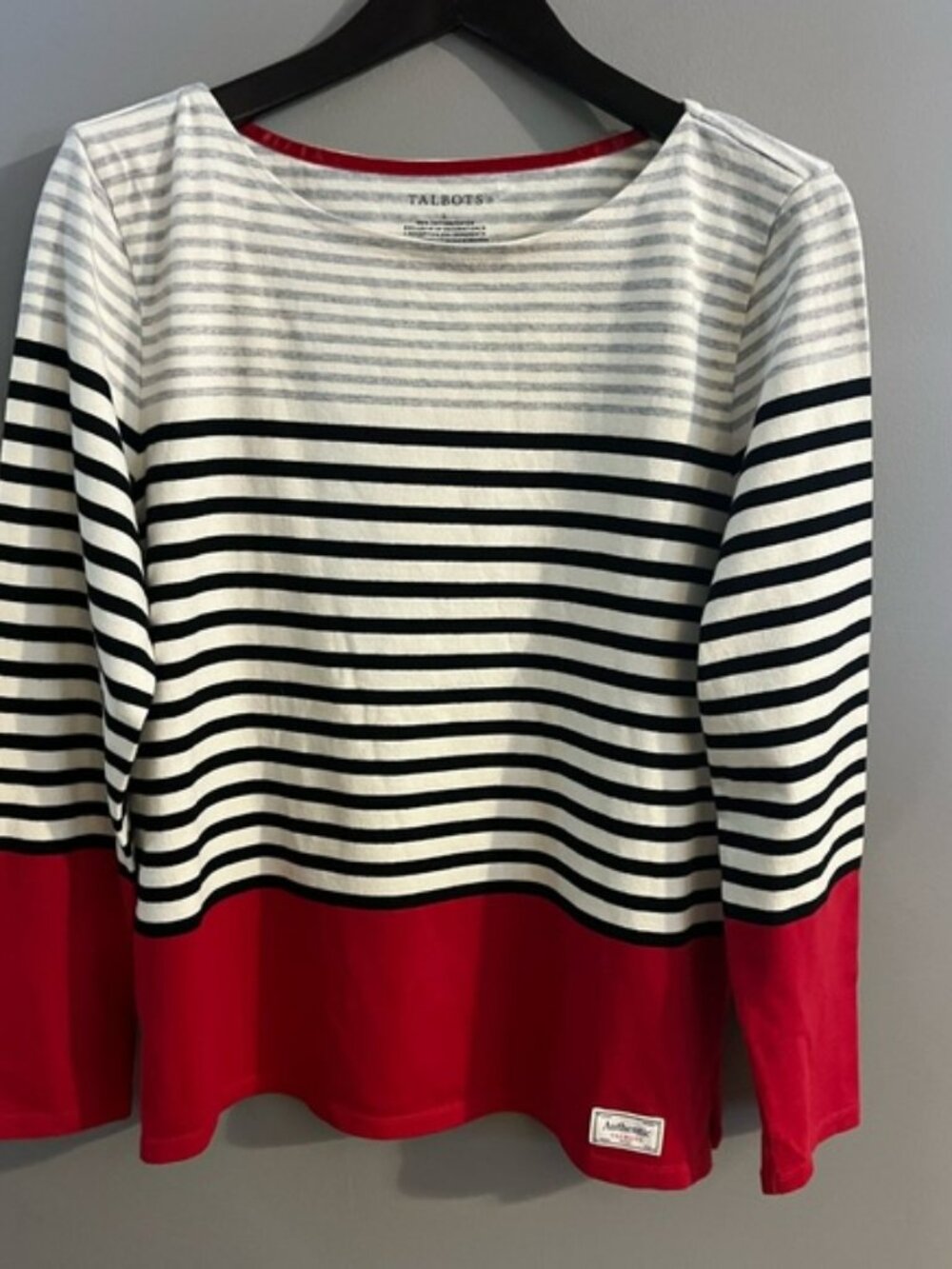 AUTHENTIC TALBOTS TEE - SLOPE STRIPE Red Multi Jersey Knit Rugby Shirt women L